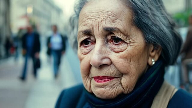 Elderly woman sad concerned face on city street