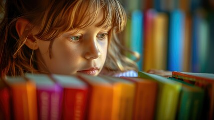 Close up of attractive child reading a book while looking at camera. Elementary student holding fairy tale novel book or bedtime stories surrounded by various book. Creative activity concept. AIG42. © InfiniteFlow