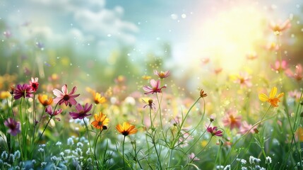Fototapeta premium A field of flowers with a bright sun shining down on them. The flowers are a mix of pink and yellow, and they are scattered throughout the field. The scene is peaceful and serene
