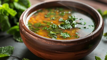 The national cuisine of Turkey. Lentil soup with mint.