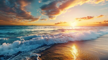 Obraz premium The ocean is calm and the sky is a beautiful orange color. The sun is setting, creating a warm and peaceful atmosphere