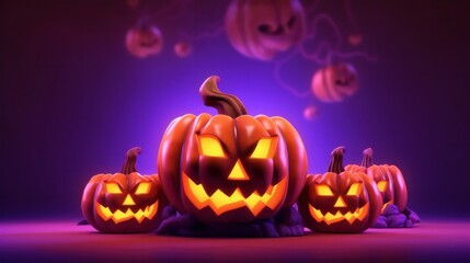A group of Halloween pumpkins are stacked on a dark surface, creating a festive display. The pumpkins are vibrant and set against a moody backdrop