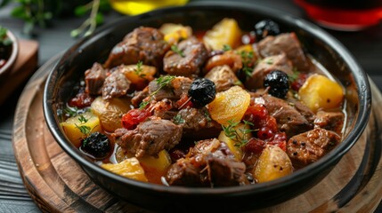 The national cuisine of Turkey. Lamb stew with dried apricots, black currants and potatoes.