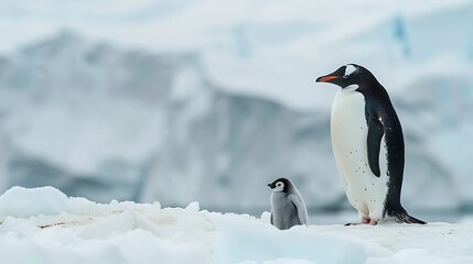 Obraz premium an adult penguin and a juvenile penguin standing on a snowy surface. The adult penguin appears to be watching over the younger one