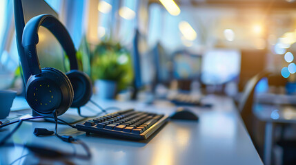 VOIP headset placed on a desk with a computer desktop in a customer service and marketing support workplace. This setup represents office supplies essential for communication support