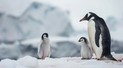 Obraz premium an adult penguin and a juvenile penguin standing on a snowy surface. The adult penguin appears to be watching over the younger one
