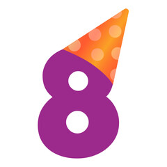 Eight Years Anniversary Greeting Card Invitation Template Design with Purple Number Eight with Orange Birthday Hat. Postcard party invitation design for 8 Anniversary.