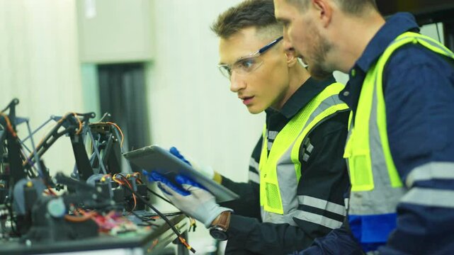 Two engineer or technician worker men with one hold tablet and check and maintenance with robot part in factory workplace.