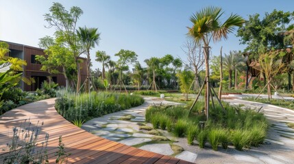 Serene Landscape With Winding Pathway and Lush Greenery