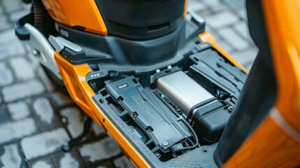 An upclose view of the battery compartment of an electric scooter displaying the compact and efficient power source for the vehicle.