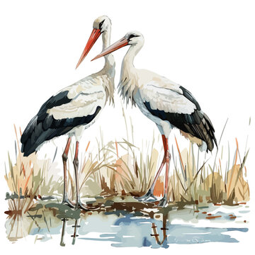 recommend clip art: Watercolor painting of storks, isolated on a white background, stork vector, drawing clipart, Illustration Vector, Graphic Painting, design art, logo