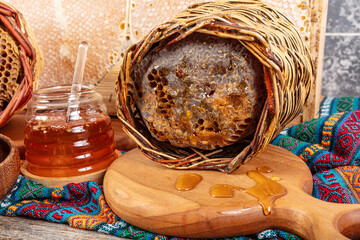 Magical honeycomb close up, Honey harvesting, honey picking. Organic honeycomb (Turkish Karakovan...