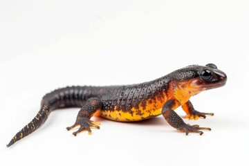 Naklejka premium the beside view Alpine Newt, left side view, white copy space on right, dutch angle view, isolated on white background