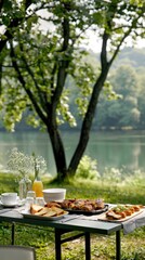 A grill sits on a rocky lakeshore with flames licking the food