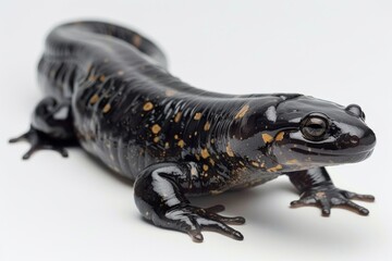 Obraz premium the beside view Chinese Giant Salamander, left side view, white copy space on right, isolated on white background