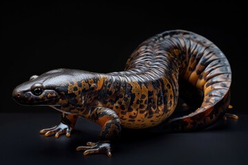 the beside view Chinese Giant Salamander, left side view, white copy space on right, isolated on black background