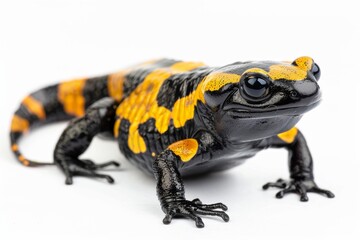 Fototapeta premium the beside view Fire Salamander, left side view, white copy space on right, isolated on white background