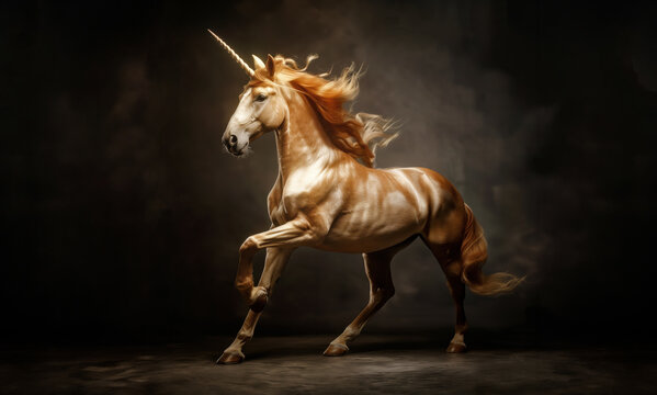 Golden unicorn on dark smoke background, created with generative ai