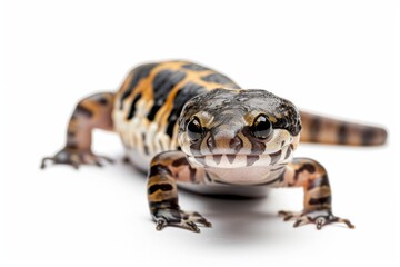 Obraz premium the beside view Tiger Salamander, left side view, white copy space on right, isolated on white background