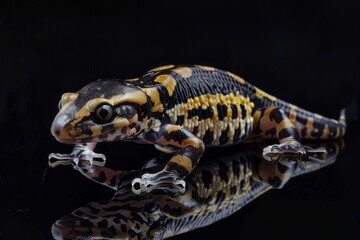 Fototapeta premium the beside view Tiger Salamander, left side view, white copy space on right, isolated on black background
