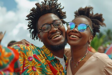 A man and woman are smiling for the camera. The man is wearing a green shirt and glasses, while the woman is wearing sunglasses. They are both wearing necklaces
