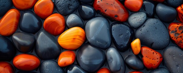 Close-up of dark orange and black pebbles with smooth textures and varied shapes