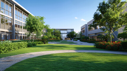 a beautiful, modern school building with large windows, a well-maintained garden, and a clear blue sky