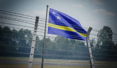 Barbed wire fence and flag of Curacao - border concept - 3d illustration