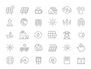 Set of Green Solar Energy thin line icons. Icons for Sun power photovoltaic (PV) home system and renewable electric energy, green technology Vector illustration