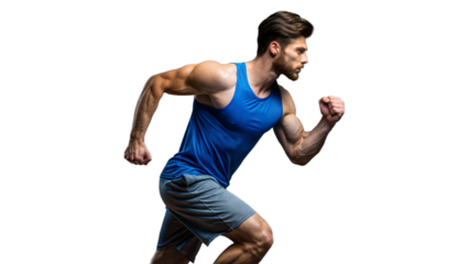 Muscular Man Running in Blue Tank Top and Grey Shorts