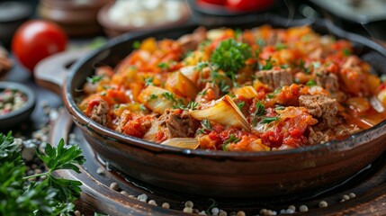 Fototapeta premium The national cuisine of Turkey. Cabbage with mutton in Turkish.