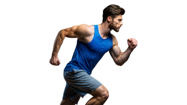 Muscular Man Running in Blue Tank Top and Grey Shorts - Powered by Adobe