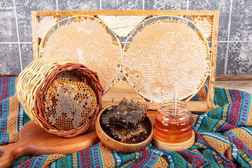 Magical honeycomb close up, Honey harvesting, honey picking. Organic honeycomb (Turkish Karakovan...