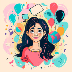 Chica joven feliz con un fondo colorido y lleno de dibujos