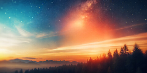 Fototapeta premium Majestic Sunset Over Forest. Illustration.