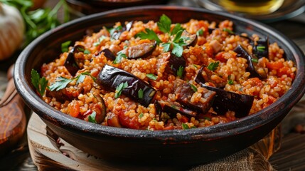 The national cuisine of Turkey. Bulgur pilaf with eggplant.
