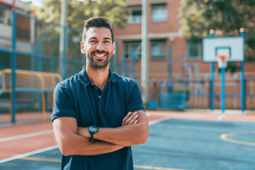 Gymnastics Teacher Preparing to Lead an Energetic Class on Playground with Joy