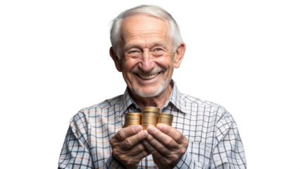 Happy Senior Man Holding Stacks of Gold Coins in Studio