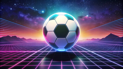 Naklejka premium Soccer ball, euro 2024, champions league banner template on 80's futuristic purple background