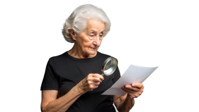 Senior Woman Examining Document With Magnifying Glass