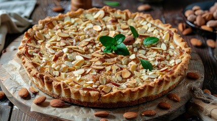 The national cuisine of Turkey. Banana pie with almonds in Turkish.