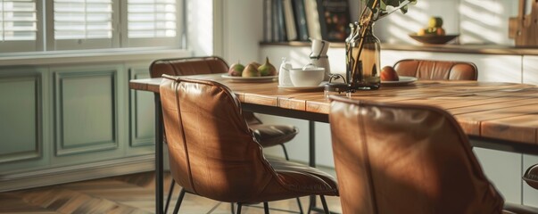 Cozy dining room setup with leather chairs and wooden table in natural light