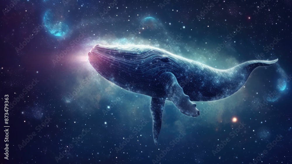 Wall mural surreal art design of a whale floating in space with a cosmic background and starry sky. digital art