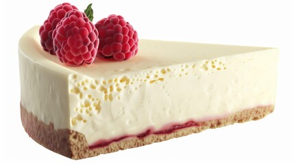 A slice of cheesecake with raspberries on top. The cake is cut in half and the raspberries are scattered on top