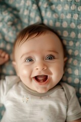 Close-up of a baby's gleeful expression during playtime, Bird's Eye View shooting, Rollei RPX 400, stock photography, --ar 2:3 Job ID: ee6d9630-27b1-4a83-882b-37d62508ccc3