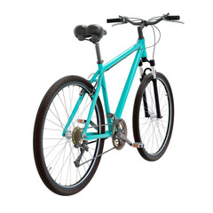Blue teal bicycle, top back view. Black leather saddle and handles. Png clipart isolated on...