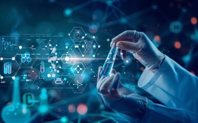 Scientist conducting research in futuristic laboratory with medical technology and digital interface