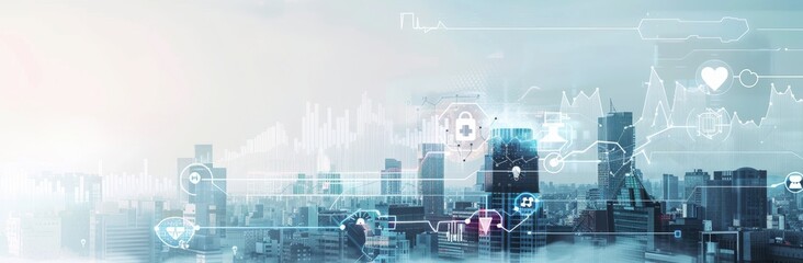 Futuristic city skyline with digital medical industry icons and data visualization