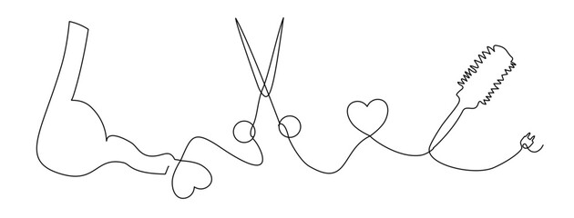 Linea continua con asciugacapelli, forbice, spazzola, cuori. parrucchiere in un semplice stile lineare, Illustrazione grafica vettoriale per Canva, presentazione, decorazione, ricamo, logo © roberta