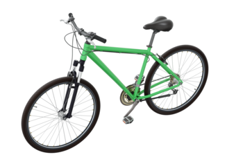 Green bicycle, side back view. Black leather saddle and handles. Png clipart isolated on transparent background